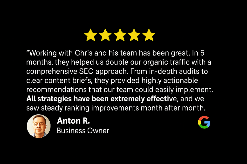 Client review of Chris Tzitzis' SEO service.